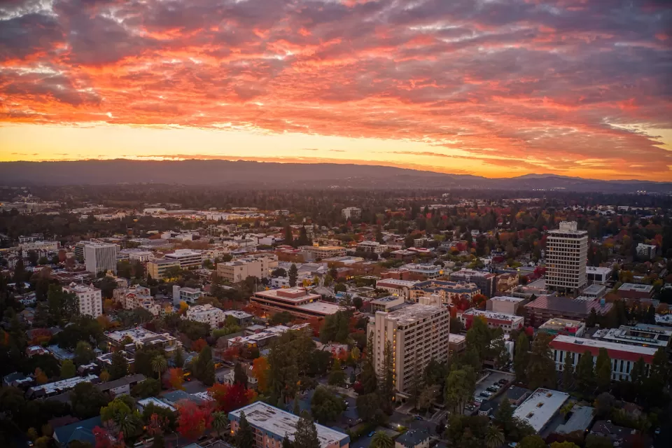 Aerial view of Palo Alto, California at sunrise.